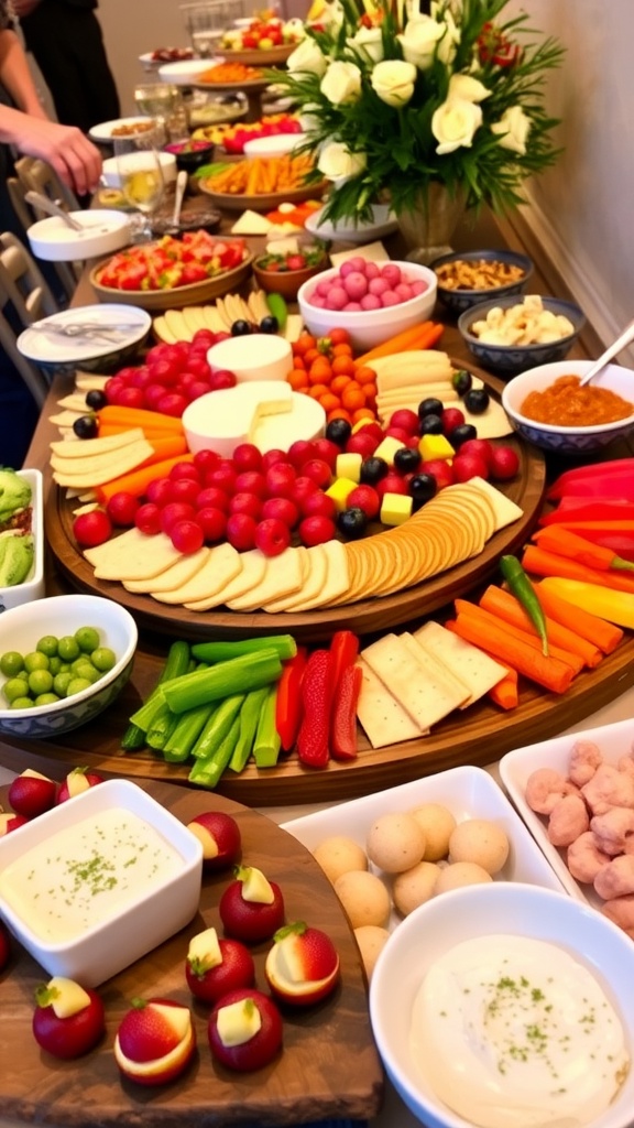 An inviting appetizer table with cheese platter, vegetable dips, and assorted finger foods.